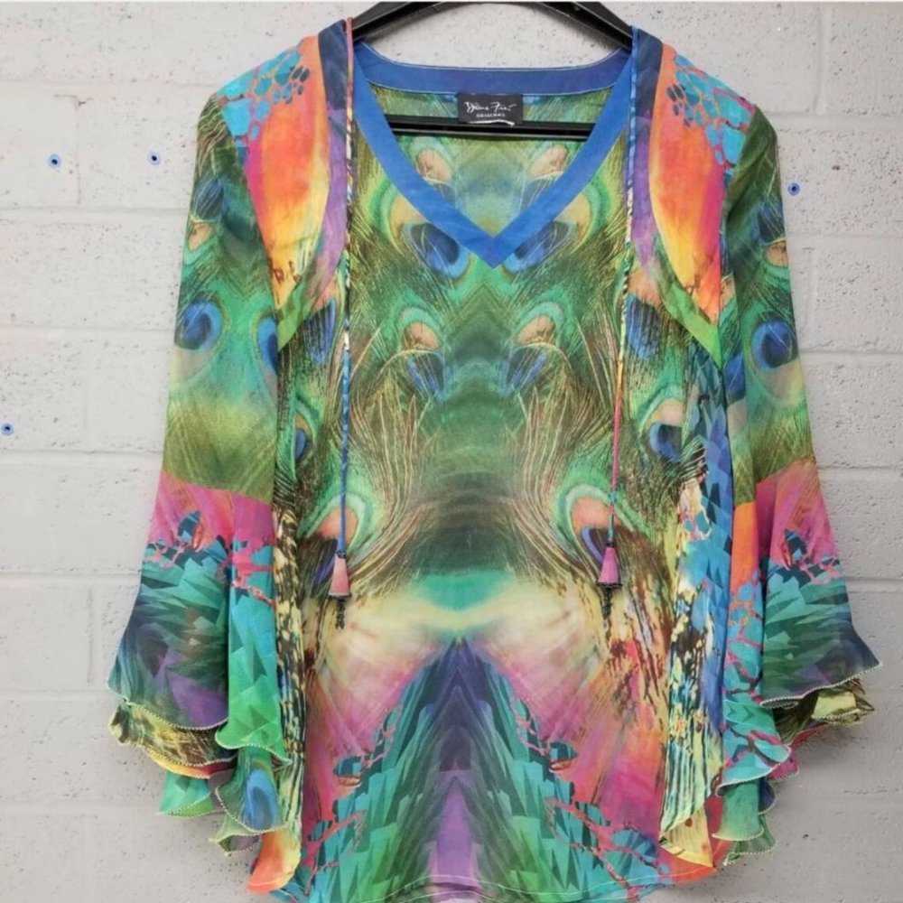 Vtg Diane Freis originals rainbow peacock feather shirt top sheer blouse boho s